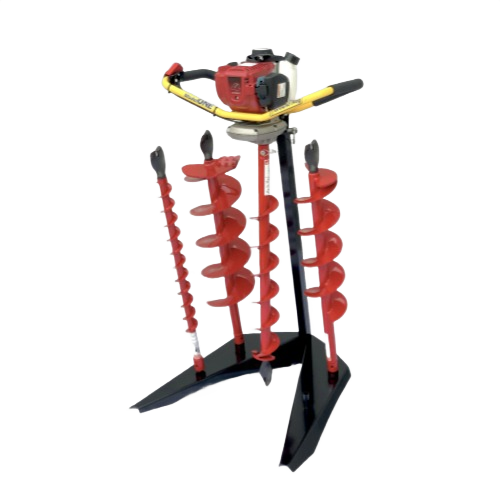 Ground Hog Model ONE hand-held auger with red auger bits in various sizes on a black metal stand, part of Hartville Hardware rental equipment for earthmoving and landscaping projects.