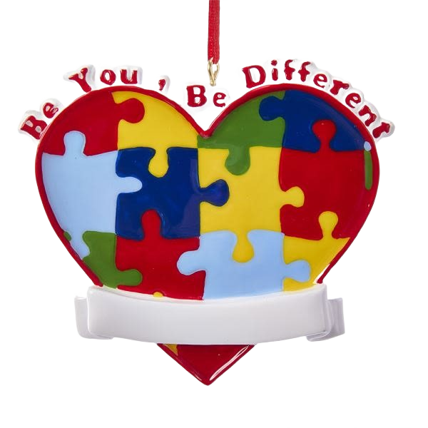 Heart-shaped puzzle piece ornament with "Be You, Be Different" text for Christmas Ornaments & Tree Decorations collections