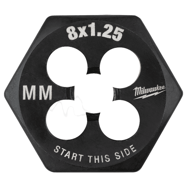 Black hexagonal Milwaukee threading die with 8x1.25 mm metric size for tool accessories and home improvement tasks