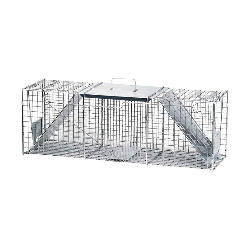 Galvanized steel large animal trap with two doors and a central handle for pest control in lawn and garden.