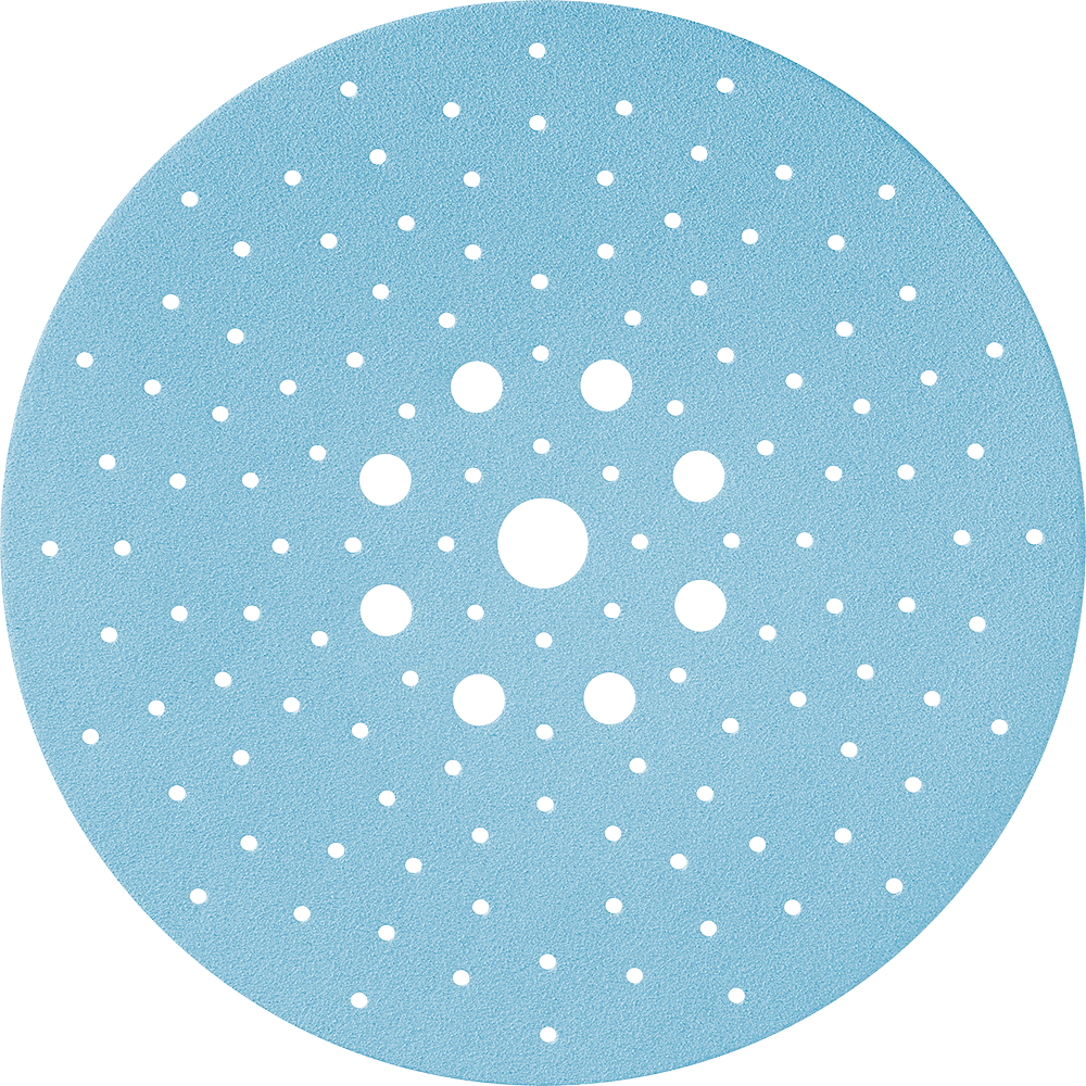 Blue abrasive sanding disc with multiple ventilation holes for Festool sanding and grinding tool accessories