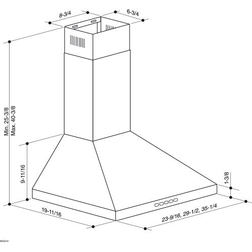 Technical line drawing of a stainless steel wall-mount pyramidal chimney hood with detailed dimensions shown