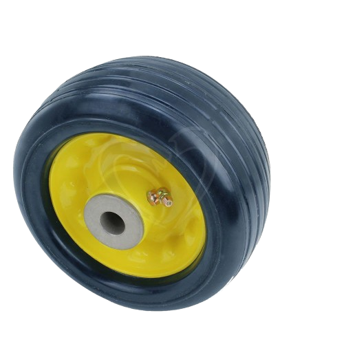 Black rubber tire with yellow metal wheel hub and central bearing for outdoor equipment and home improvement projects