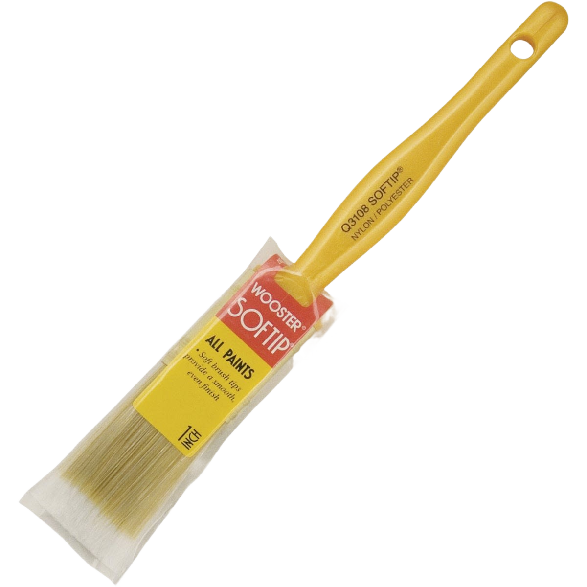 Yellow-handled 1-inch flat paint brush with soft synthetic bristles for use with all paints in home improvement tools.