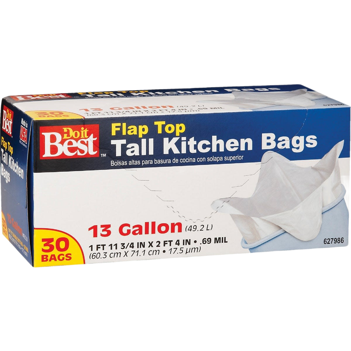 Box of white tall kitchen trash bags with flap top, 13 gallon capacity, for cleaning and waste disposal needs
