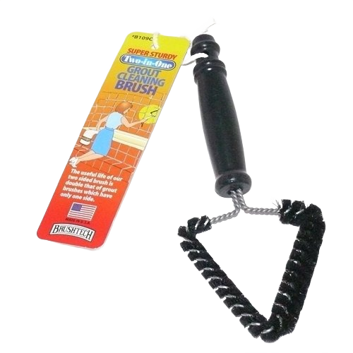 Cleaning brush with sturdy black bristles and black handle designed for grout maintenance in home improvement tools