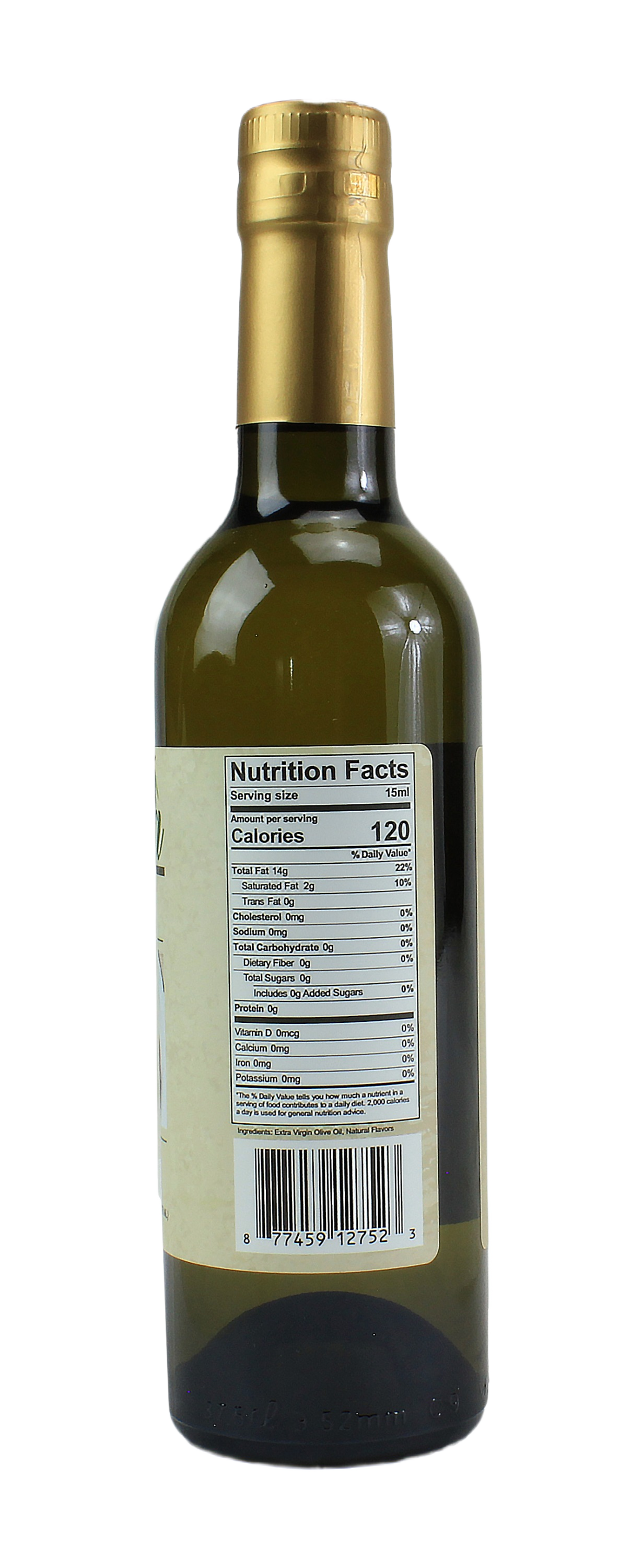 Back view of blood orange flavored olive oil bottle showing nutrition facts and barcode in Oil & Vinegars collection