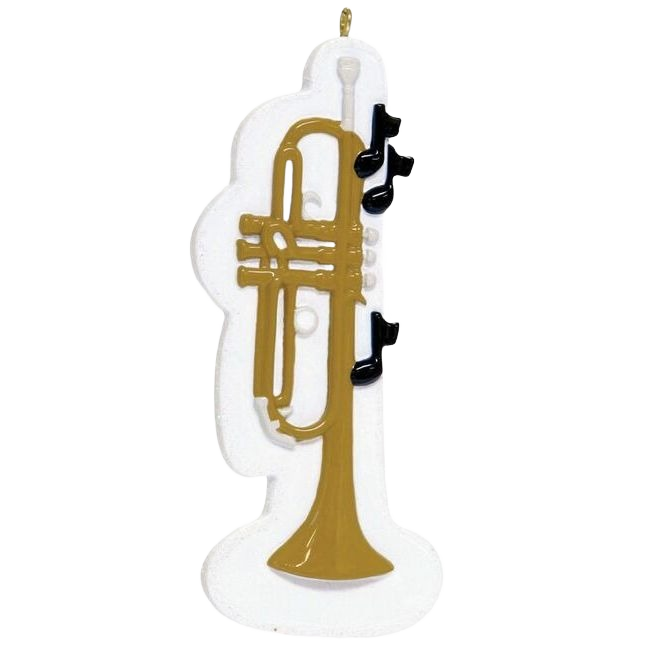 Gold trumpet decoration with black music notes, festive holiday ornament under $50 for Christmas tree display