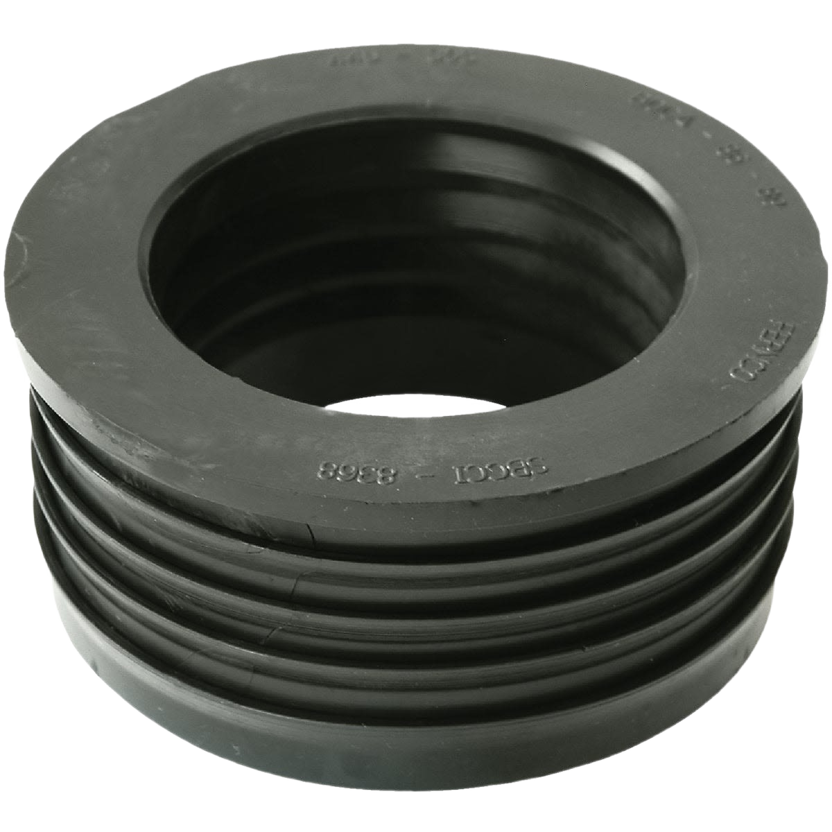 Black flexible rubber pipe adapter with ribbed exterior for joining PVC and cast-iron plumbing pipes in home improvement.