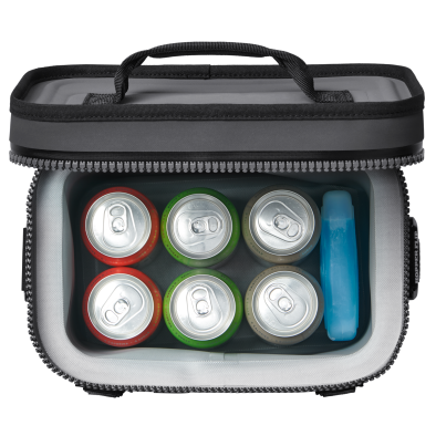 Compact cooler bag with six assorted beverage cans and a slim blue ice pack for outdoor living use under $50 collections