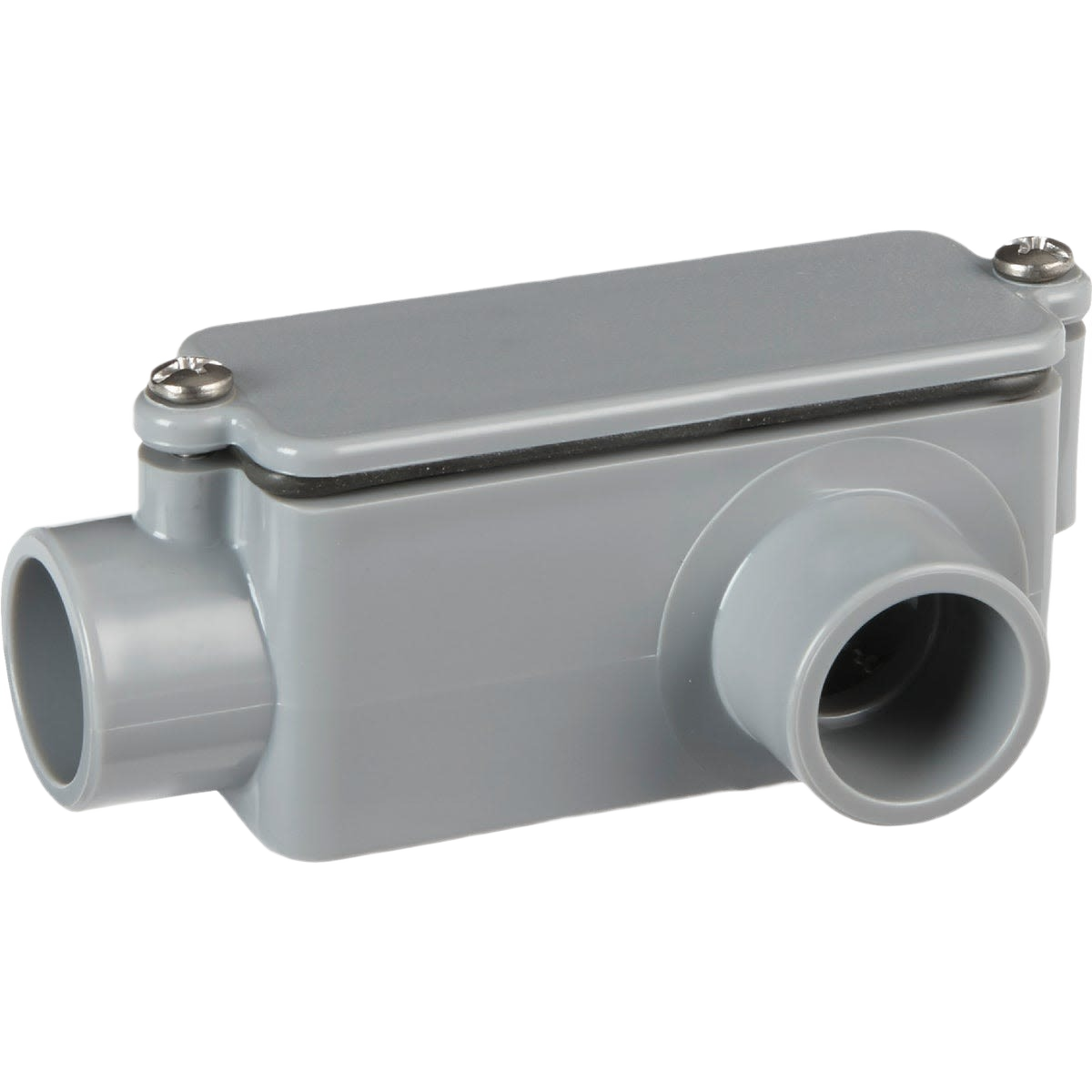 Gray plastic electrical conduit access fitting with removable cover and locking screws for home improvement use