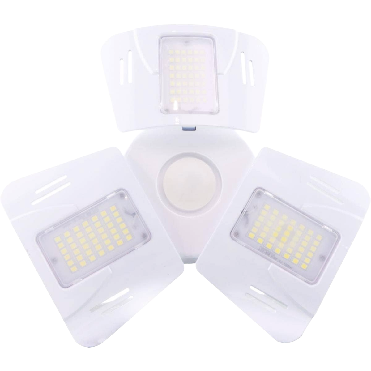 White adjustable LED utility light with three panels and central sensor for versatile illumination in electrical lighting collection