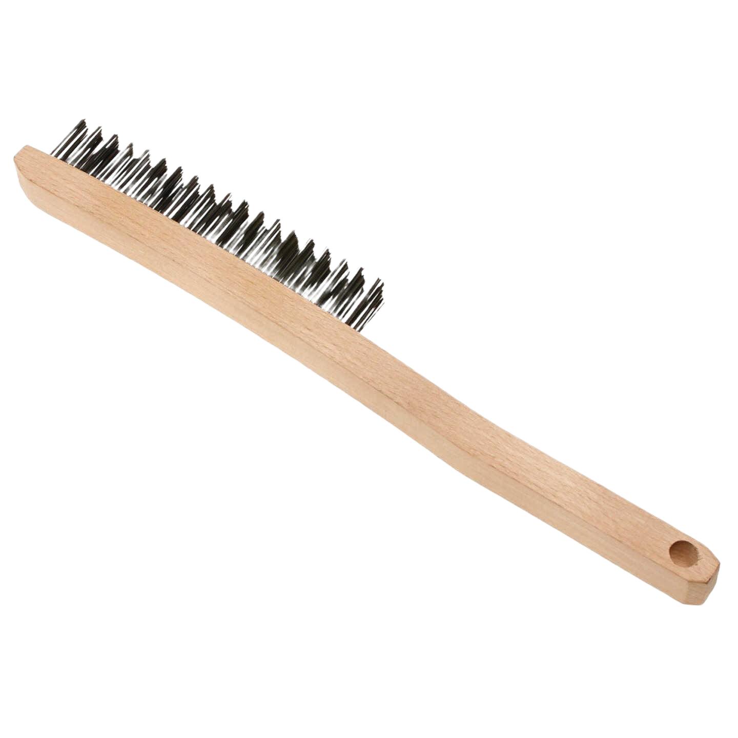 Long curved handle wire brush with three rows of medium stiff bristles for paint and home improvement tasks