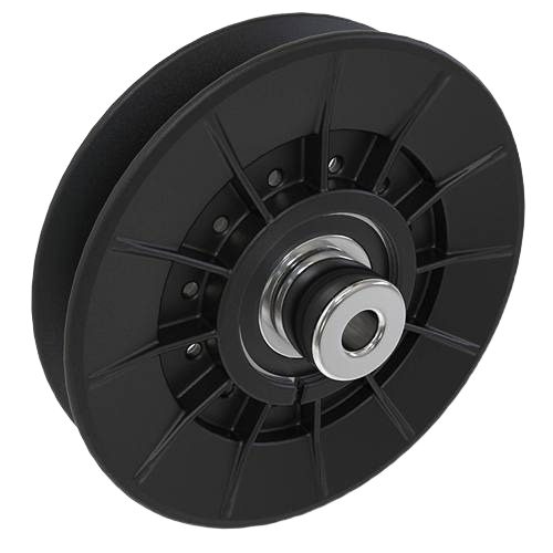 Black belt drive pulley with integrated metal bearing hub for tools and home improvement applications