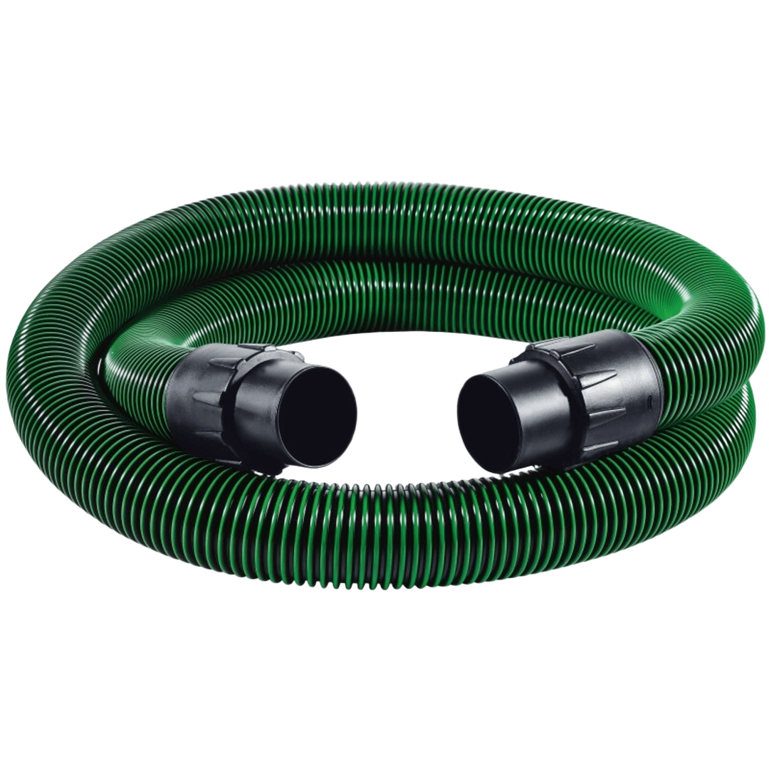 Coiled green anti-static hose with black connectors designed for tools and home improvement tasks
