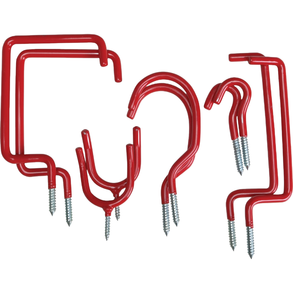 Red vinyl-coated screw-in hooks in assorted shapes for durable storage and organization in hardware and home improvement collections under $50