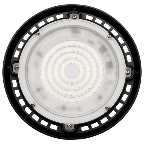 Round black LED shop light with cool white illumination rings for electrical and outdoor lighting projects