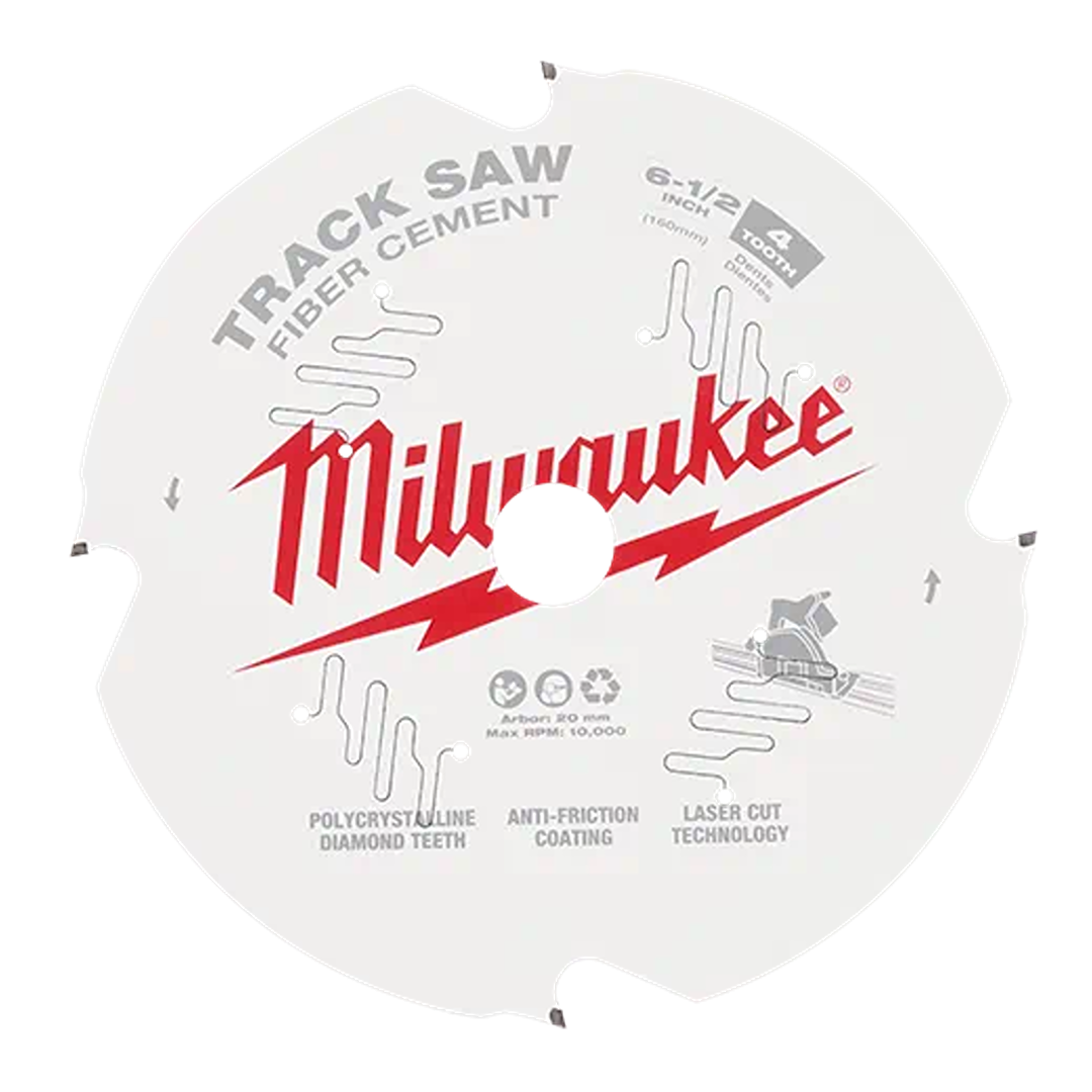 Circular white track saw blade with red logo and four teeth for fiber cement cutting in home improvement projects