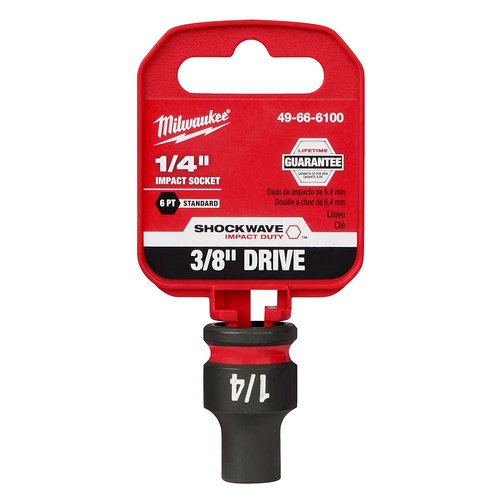Red and black Milwaukee SHOCKWAVE impact socket with stamped size markings in hand tools and home improvement collections