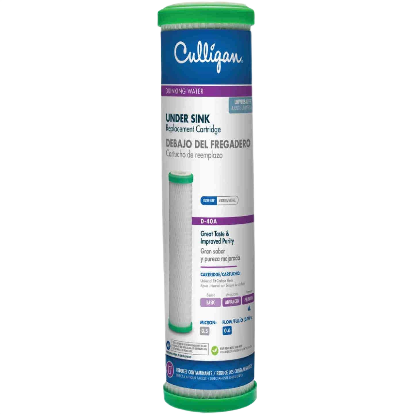 White cylindrical under sink water filter cartridge with green caps for home water filtration and improvement projects