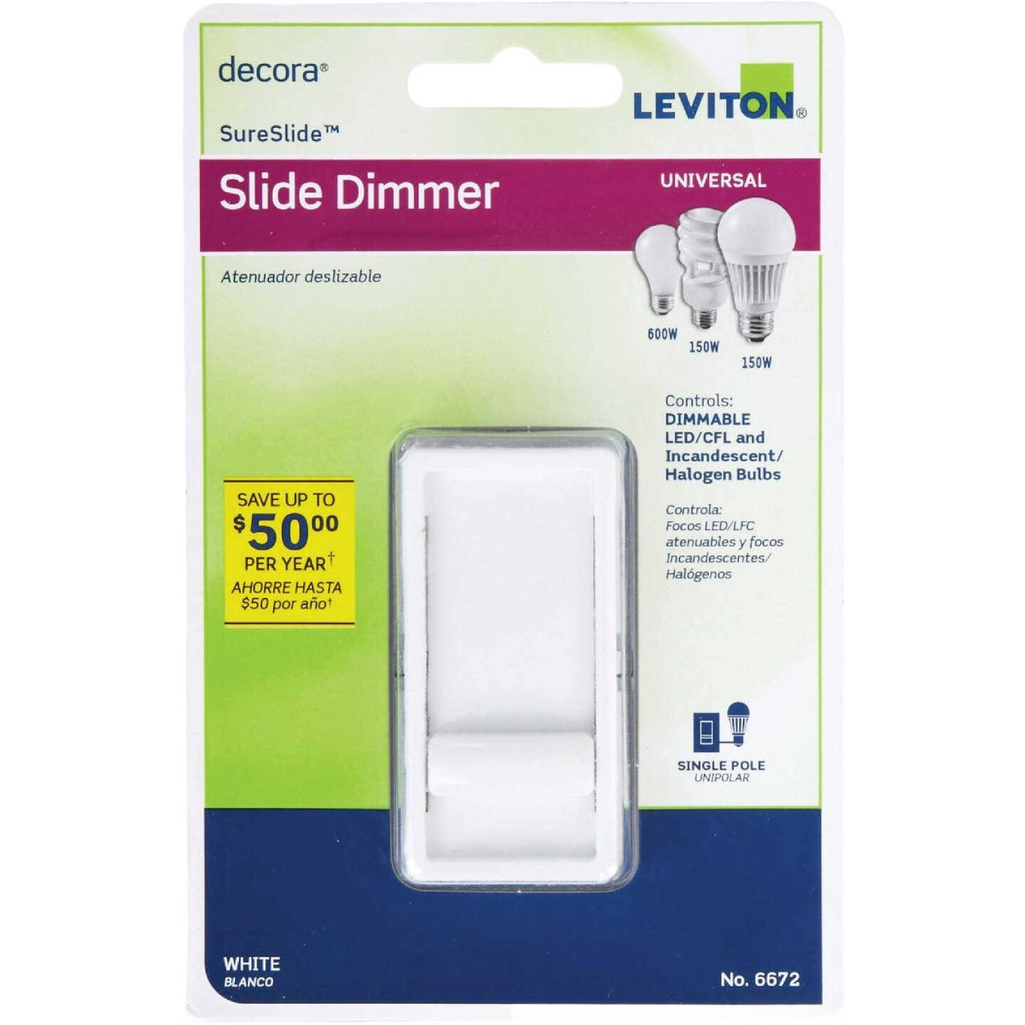 Leviton Decora white slide dimmer switch in retail packaging for home improvement lighting control tasks