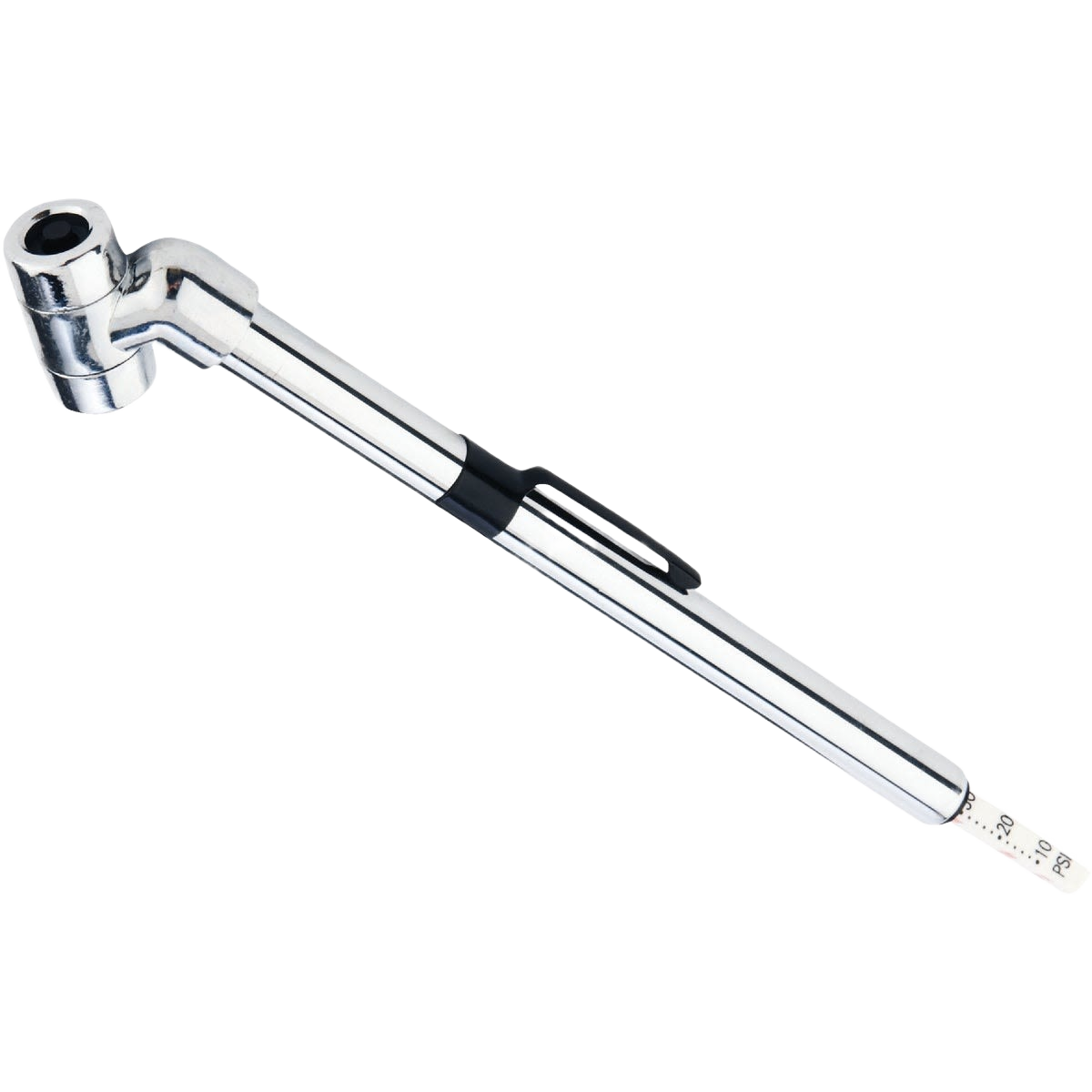 Chrome offset head tire pressure gauge with double chuck and pocket clip, useful for accurate readings in parts and lubricants.