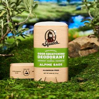 Natural aluminum-free deodorant stick with Alpine Sage scent featuring charcoal and arrowroot for odor defense