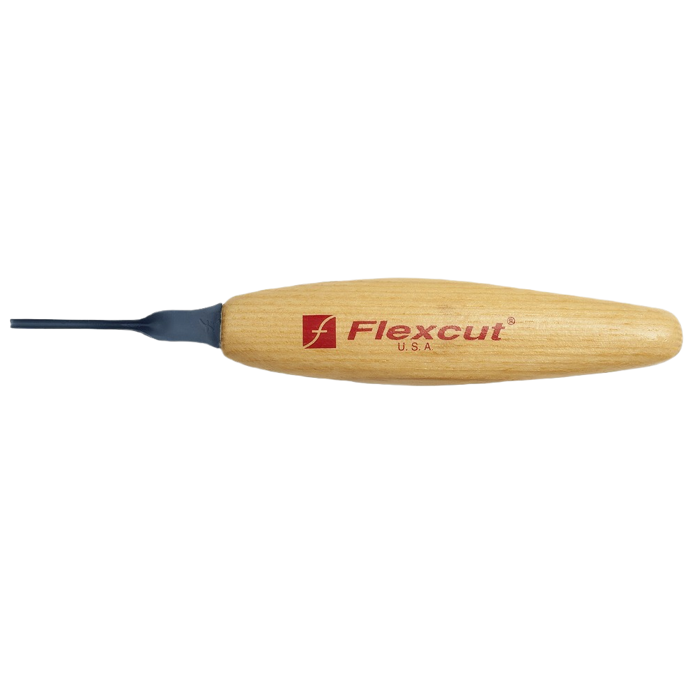 Wood carving gouge with shallow U-shaped blade and wooden handle for precise woodworking and hand tool use