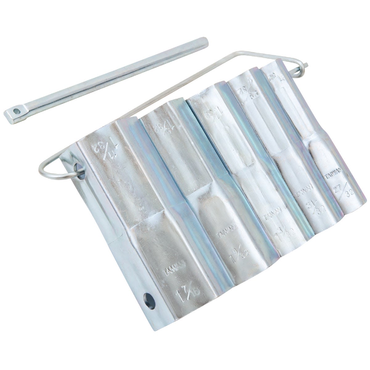 Set of polished steel stem socket wrenches with varying sizes and storage rod for home improvement tasks