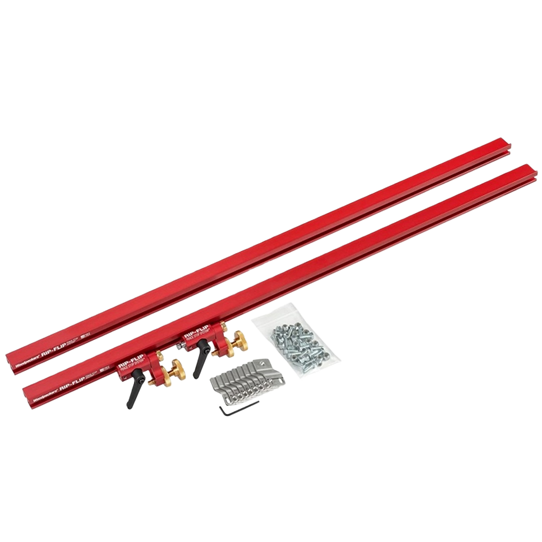 Red anodized aluminum fence stop system with brass knobs and hardware for woodworking tool accessories and home improvement.