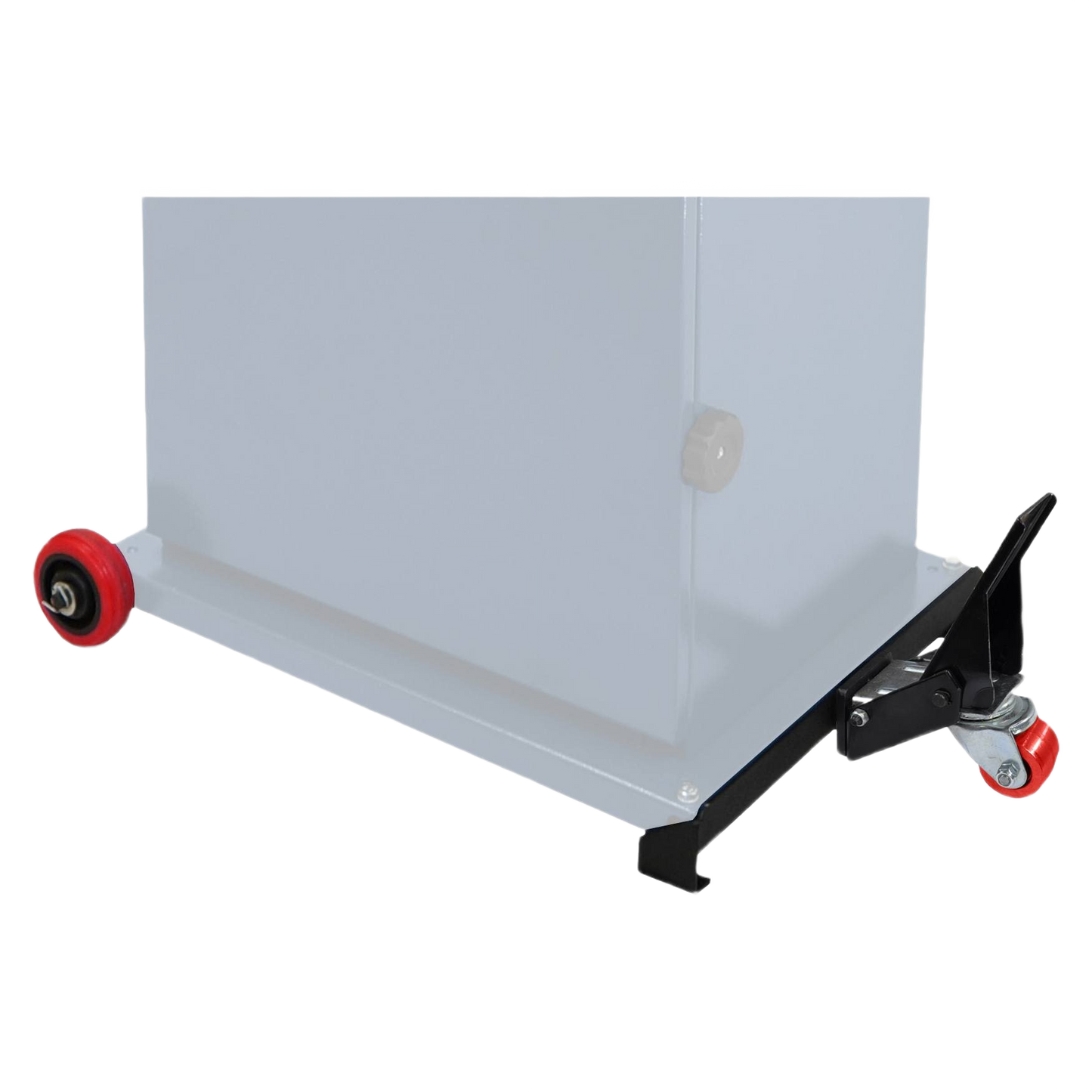 Steel mobility kit with red polyurethane wheels and mounting bracket for stable workshop tool relocation under $50