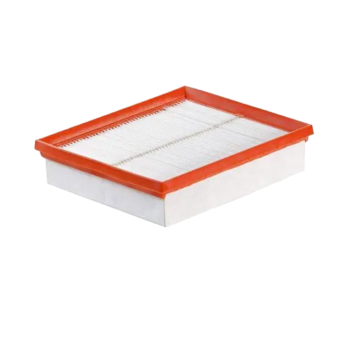 Rectangular HEPA main filter element with orange frame for dust collectors in woodworking tools and air filtration category