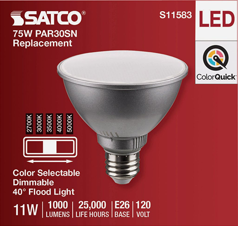 Gray short neck LED floodlight bulb with adjustable color temperature for lighting and electrical applications