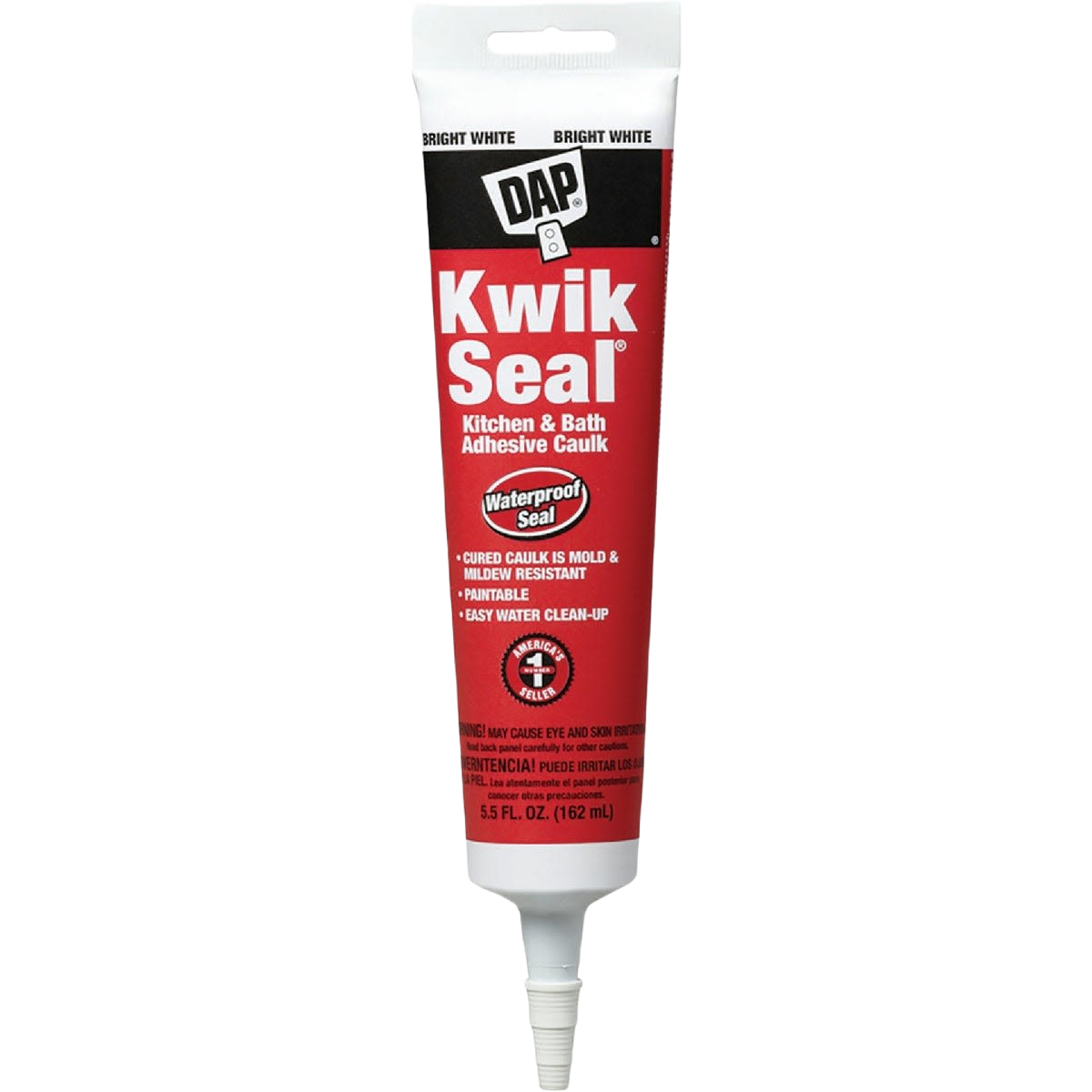 Tube of white kitchen and bath adhesive caulk in red and black packaging for home improvement projects