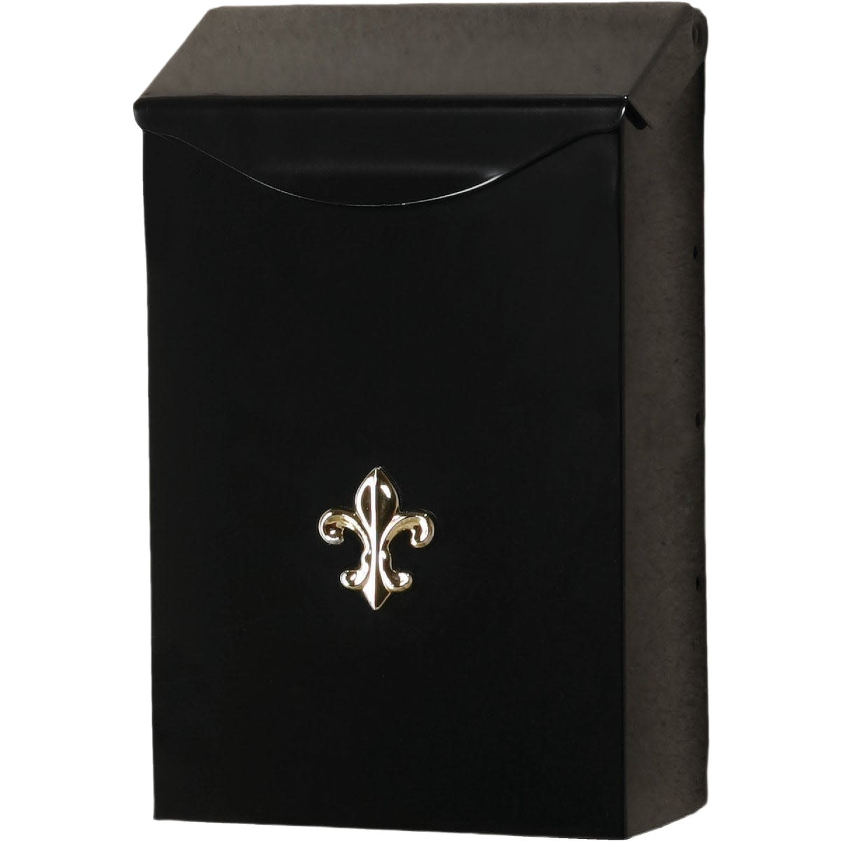Black vertical mailbox with decorative gold emblem for secure mail storage in home improvement projects