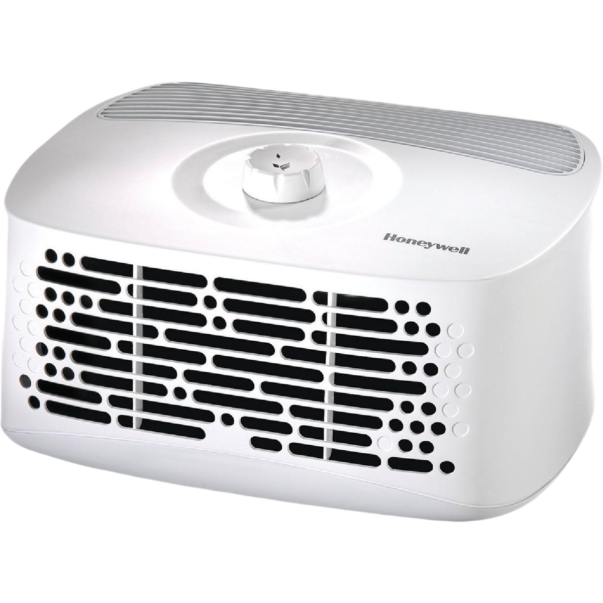 White tabletop air purifier with adjustable control dial and vented front panel for improved indoor air quality