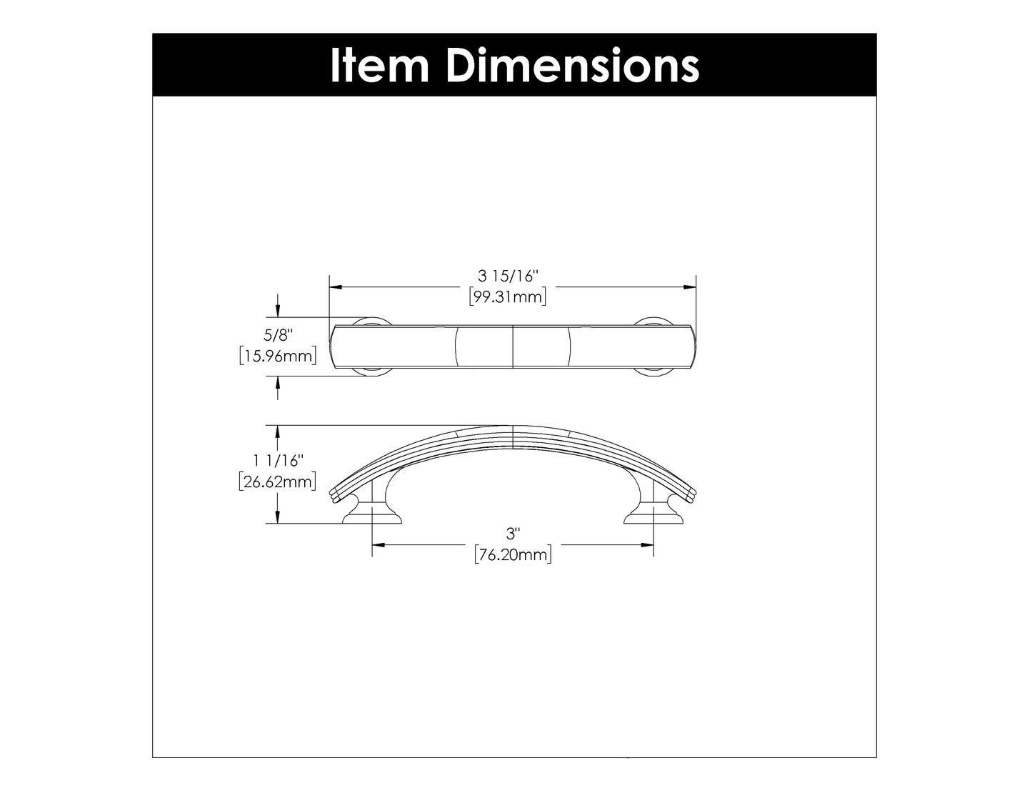 Technical line drawing showing dimensions for a vintage bronze 3-inch center-to-center cabinet pull hardware piece.