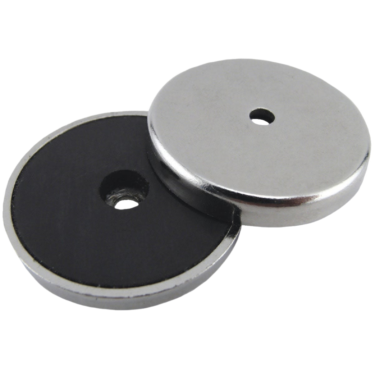 Two circular metal magnetic bases with central holes for mounting in hardware and office supply collections