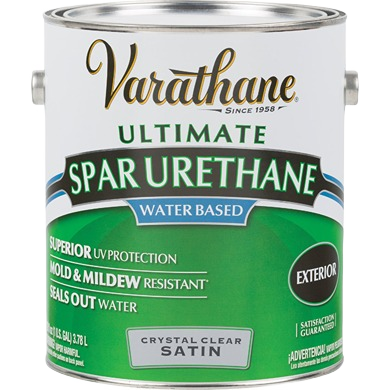 1 gallon can of water-based spar urethane with crystal clear satin finish for exterior wood protection