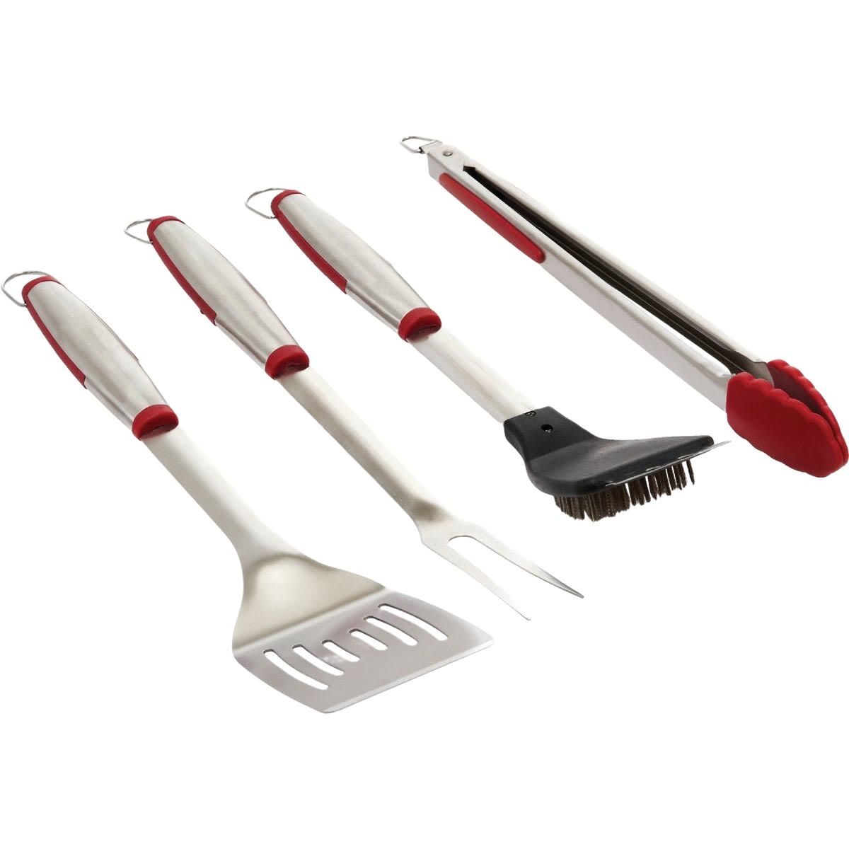 Stainless steel 4-piece BBQ tool set with rubber grips including tongs, fork, brush, and spatula for grilling accessories
