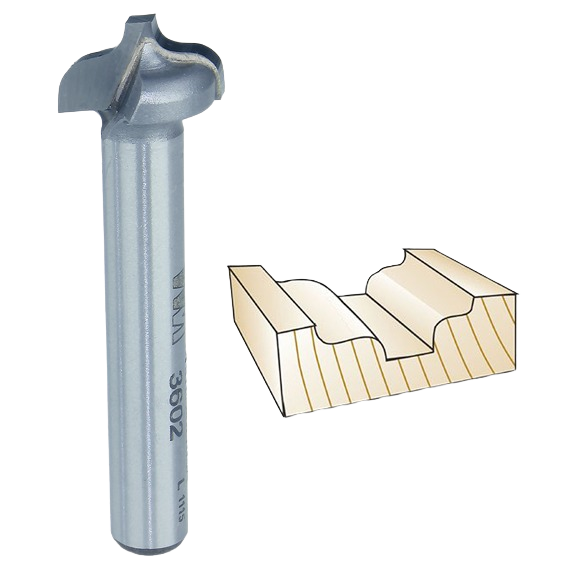 Plunge router bit with ogee profile next to wood sample showing decorative raised panel groove for home improvement tools