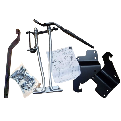 Set of metal mounting brackets, hardware, and instruction sheet for canopy attachment in tool and John Deere parts collections