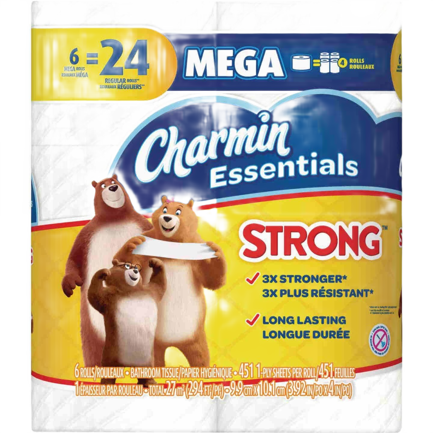 Package of Charmin Essentials strong toilet paper, 6 mega rolls in household cleaning and paper towels collections