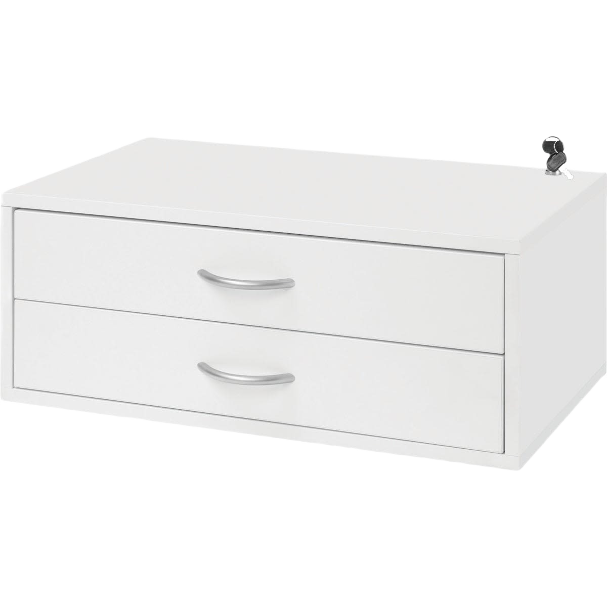 White double drawer storage box with silver handles for versatile countertop organization and home storage solutions