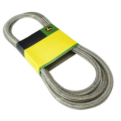 Heavy-duty mower deck V-belt with green and yellow packaging for tools and home improvement use