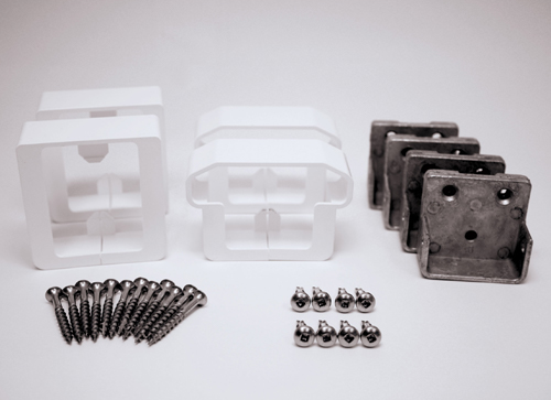 Set of white vinyl railing brackets, metal mounting plates, and assorted screws for home improvement projects