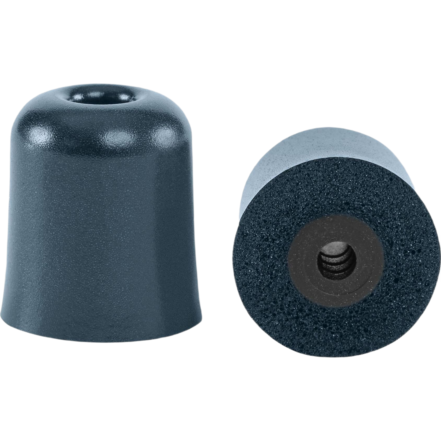 Black cylindrical earplug tips with threaded core designed for hearing protection in safety and tool accessory collections