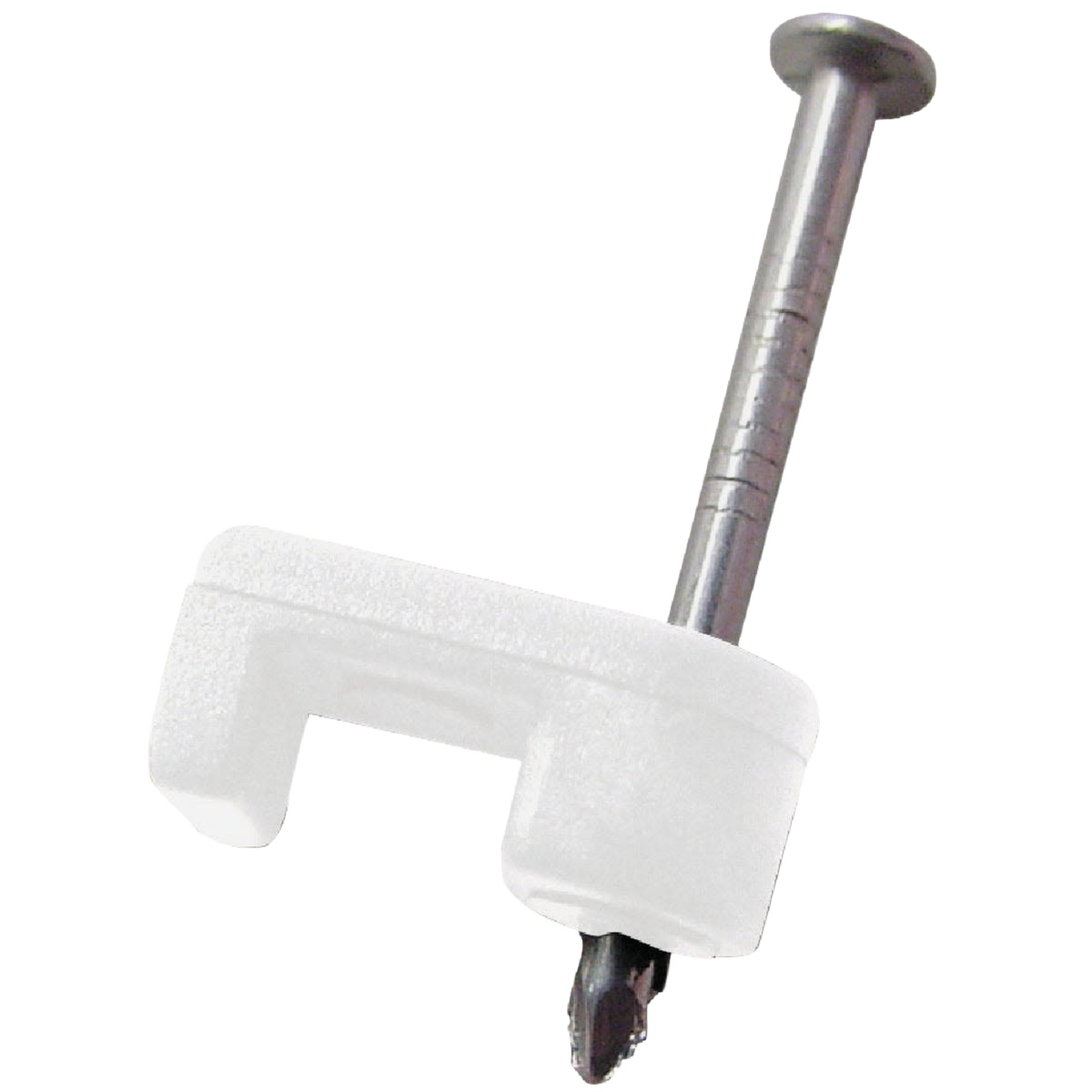 White UV resistant coaxial cable staple with metal nail for securing cables in home improvement and tools projects