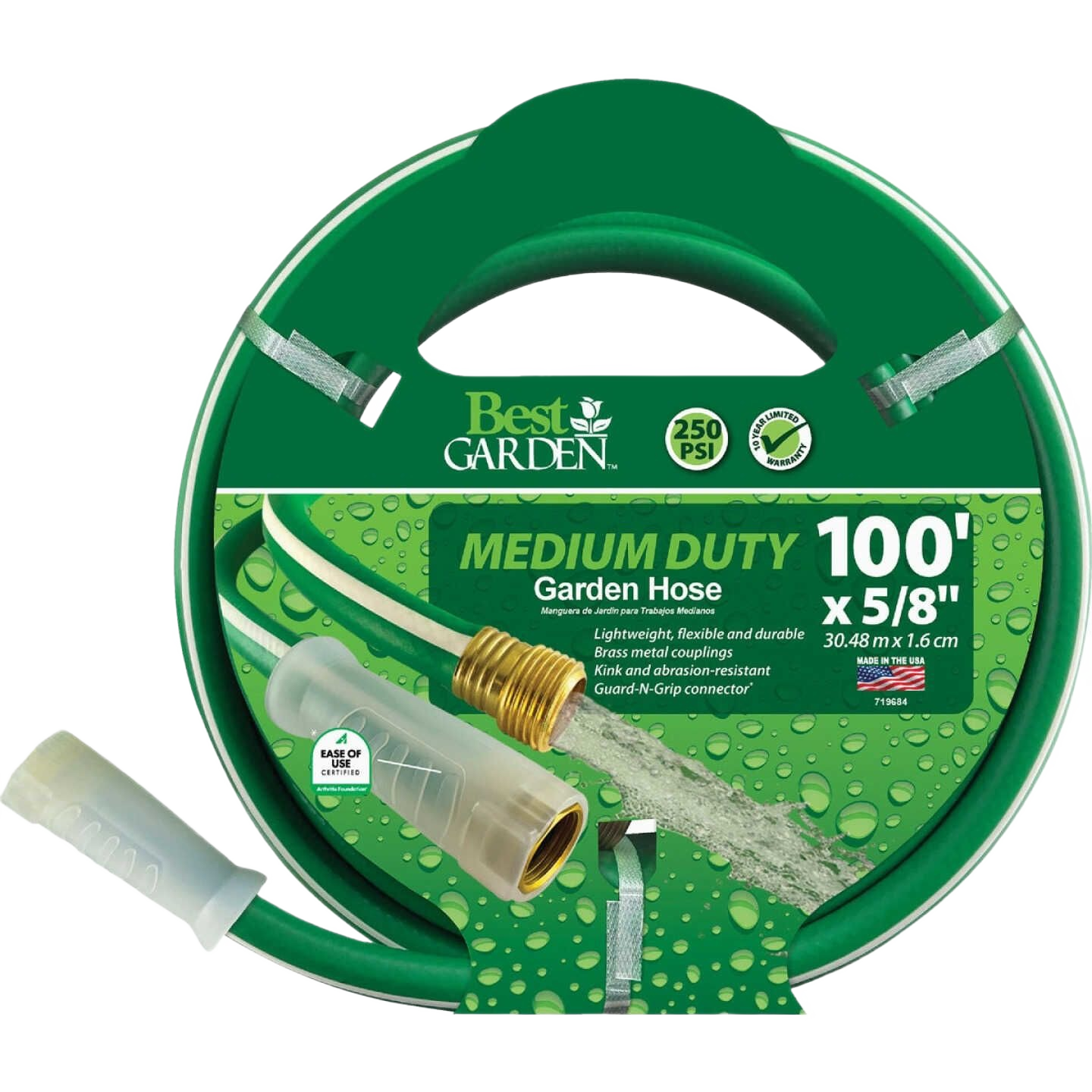 Green medium-duty vinyl garden hose with brass fittings and guard-N-grip connector for watering and irrigation tasks under $50 collection