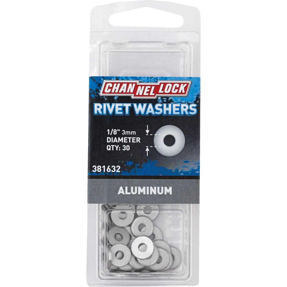 Plastic container of aluminum rivet washers with 1/8 inch diameter, part of hardware and fasteners collections.